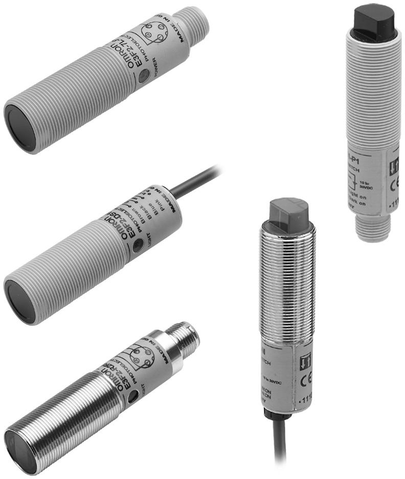 Photoelectric Sensors E3F2 Threaded Cylindrical Photoelectric Sensors with Built-in Amplifier for Use as an Optical Proximity Switch M18 DIN-sized cylindrical housing Housing materials: plastic,