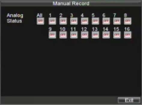 Figure 5. Manual Record Menu 2. Start manual recording by selecting On or Off for the cameras desired.