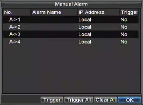 Figure 10. Manual Alarm Menu 2. In the Manual Alarm menu, you may: Trigger: Select an alarm from the list and click Trigger to trigger its output. Trigger All: Trigger all alarm outputs at once.