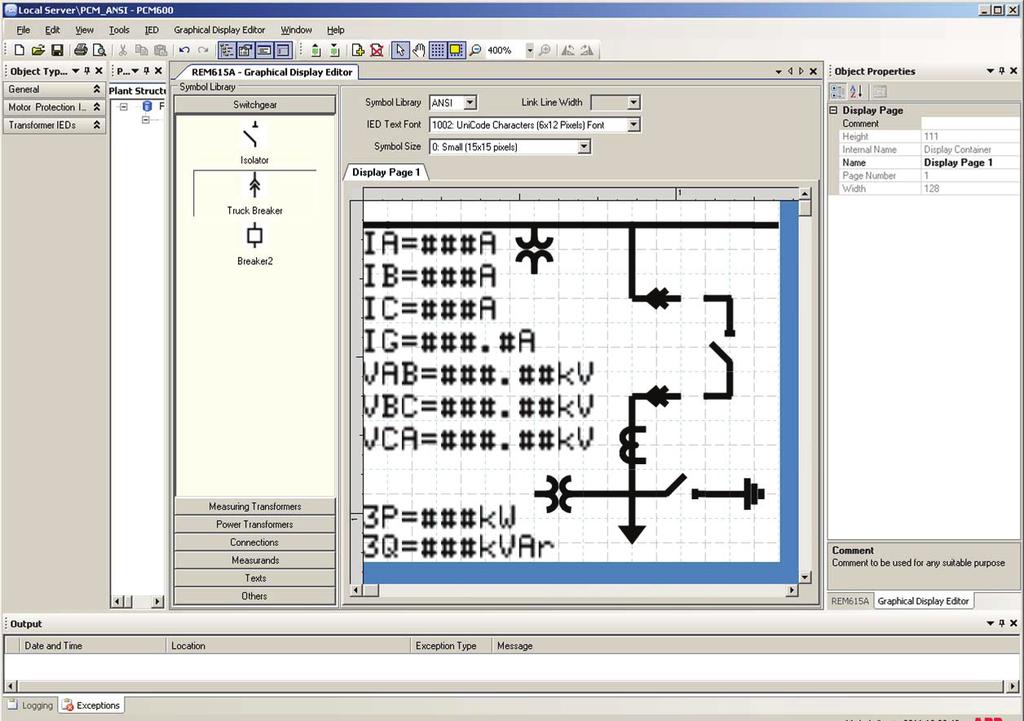 Section 6 LHMI engineering 1MAC108982-MB E HMI display page Symbol library window IED HMI display window GUID-8843160D-28CC-46D5-8045-445FAAB335B9-ANSI V1 EN Figure 69: Graphical Display Editor: