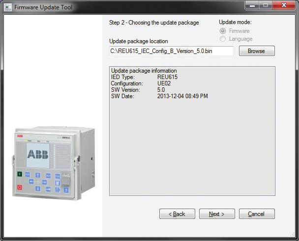 1MAC108982-MB E Section 3 PCM600 tool GUID-DFB23CF8-9966-4A5E-B322-C9C998B4BA7C V1 EN Figure 14: Choosing the update mode and package 3.