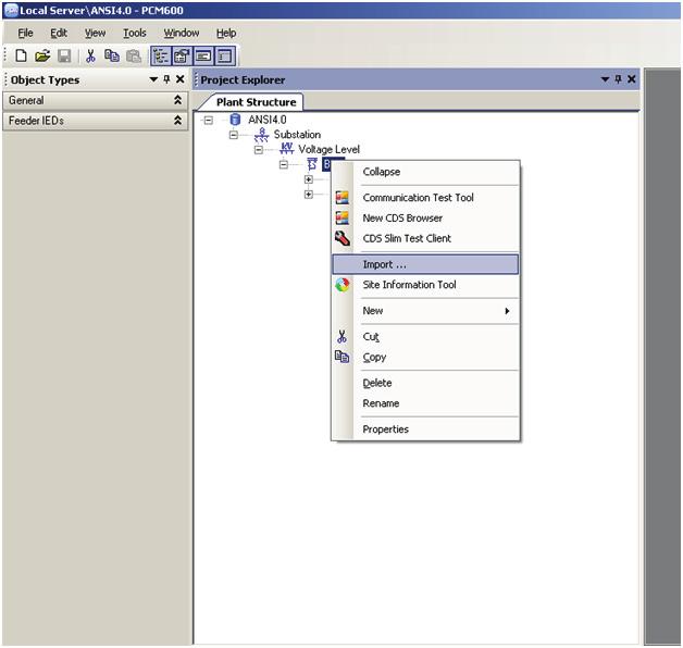 1MAC108982-MB E Section 4 Setting up a project 1. In the Plant Structure view, right-click the bay and select Import. A.pcmi file can be imported only when the bay is selected in the plant structure.