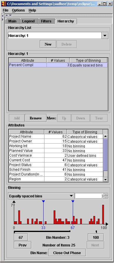Hierarchy user interface showing the binning widget