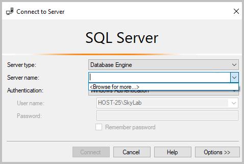 SQL Database Installation and Setup 2 In the Server name list, select Browse for more. 3 Select a database under Database Engine.