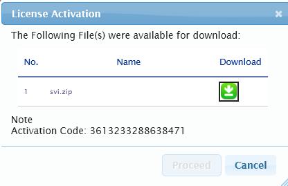 6. Press the Download icon to retrieve the svi.zip file from LMS and save the file to your PC. Write down the Activation Code that is displayed, prior to closing the License Activation panel.