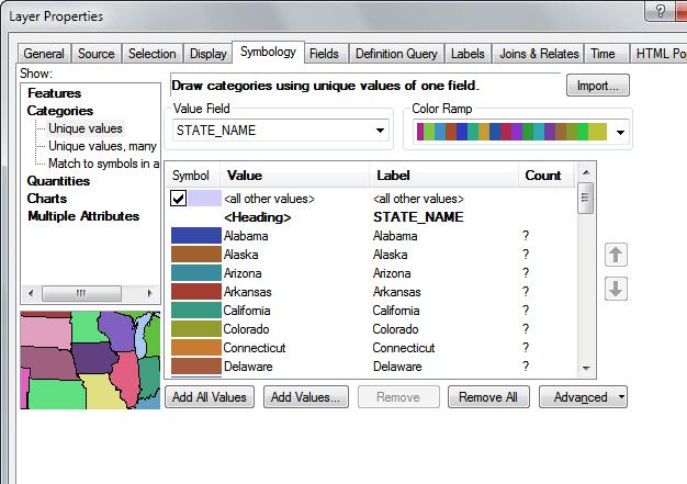 Introduction to ArcGIS 10 Editing the Legend 1.3.2 There are many things to control here; we will focus on only a few. First, we will change how the data is colored.
