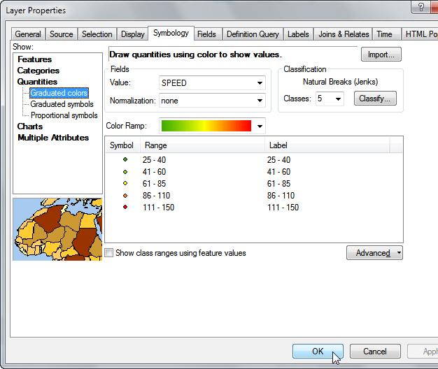 Introduction to ArcGIS 10 Editing the Legend 1.3.5 2) 3) 4) 5) In the Symbology tab, choose to show Quantities and then Graduated Colors.