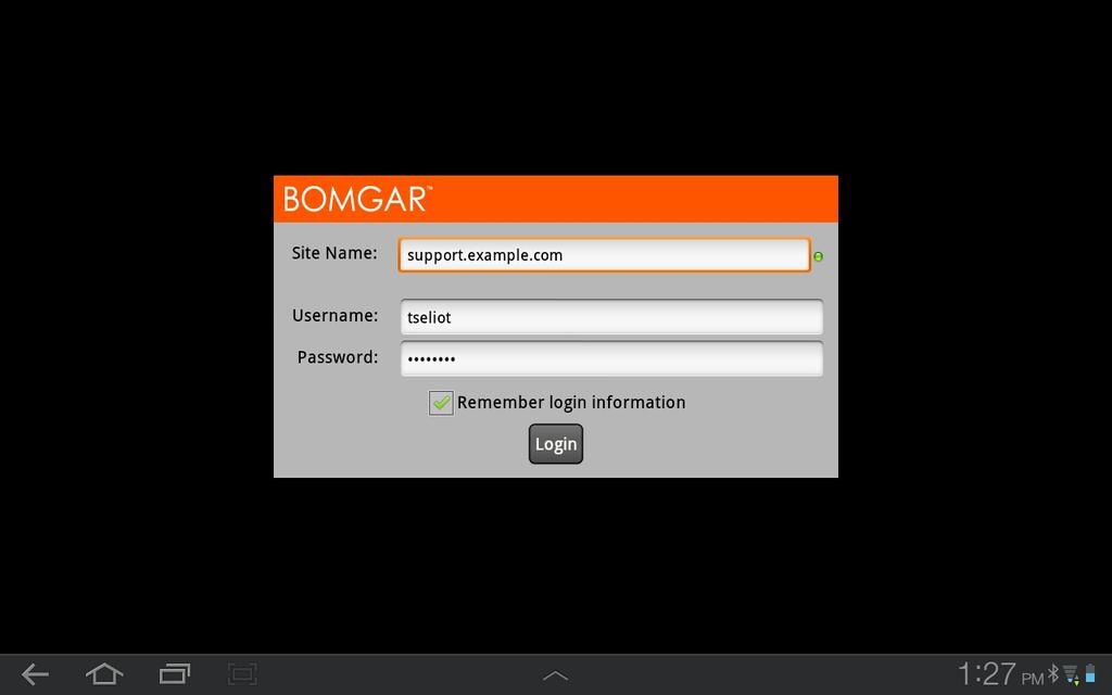 Log into the Connect Representative Console for Android From the login screen, enter your Bomgar site hostname, such as example.bomgarconnect.com.