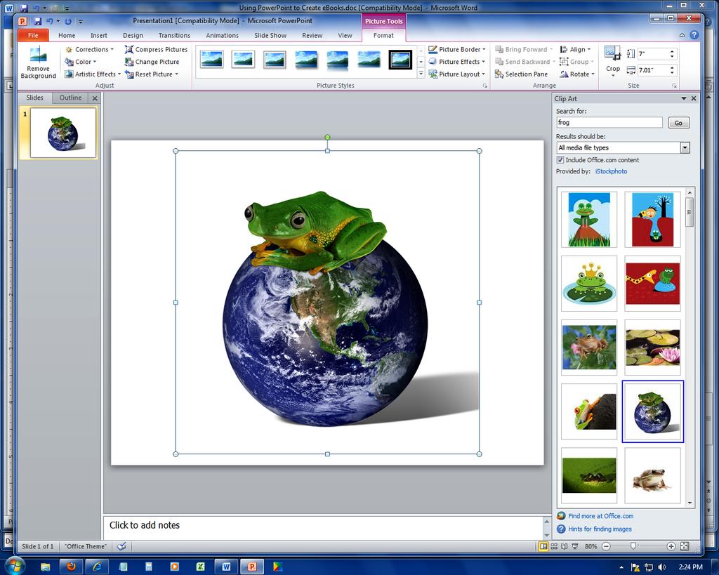 From the Insert tab, select Clip Art and then use the search interface to indicate appropriate keywords and media