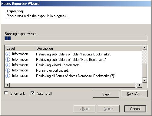 Figure 11: Exporting Screen Notes: You can save the export report by clicking Save as after export is complete. You can display only export errors by checking Errors only.