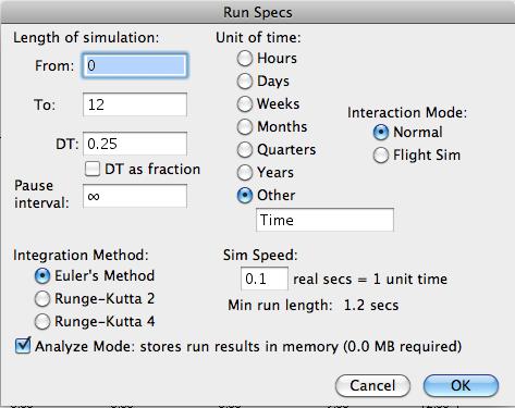STELLA v10 Tutorial 1 13 Figure 2.1.13 Run Specs popup menu Quick Review Question 20 After making the above changes, how many time steps (DTs) will be in the simulation?