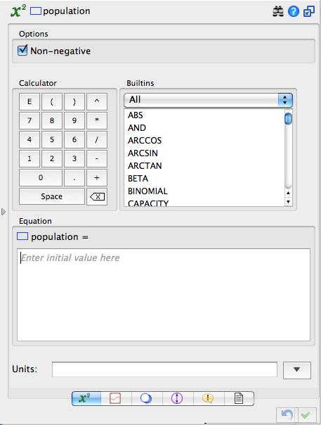 STELLA v10 Tutorial 1 7 Figure 2.1.7 Equation panel after double-clicking population stock Notice in the top left corner, by default a checkbox labeled Non-negative is checked.