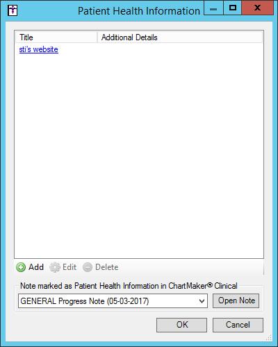 Figure 25 The Organizer Patient Health Information The system has been updated with a Patient Health Information dialog that allows you to add and maintain external links to a patient s health
