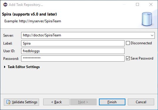SpiraTeam instance that you are accessing. Label This is a friendly name for that server that will be used inside Eclipse. User ID This needs to be a valid username that has access to SpiraTeam.