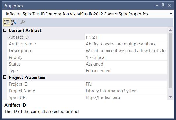 In addition, when you select one of the items in the add-in treeview, the add-in will display the properties for that item in the standard Visual Studio properties window: This