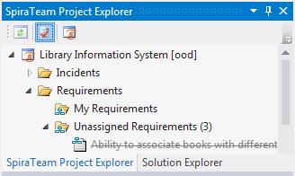 Clicking the Refresh ( ) button on the toolbar will refresh the highlighted item in the tree, and all subitems contained within it. SpiraTeam projects in the Project Explorer.