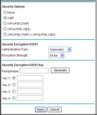 3. In the Security Options section, select the WEP (Wired Equivalent Privacy) radio button: 4. Select the Authentication Type setting: Automatic, Open System, or Shared Key.
