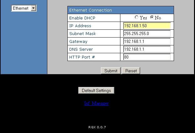 RGX Communications Server 15 9.0 DEFAULT SETTINGS AND INF MANAGER On the configure page there is a Default Settings button. If you click on this all the settings will be defaulted.