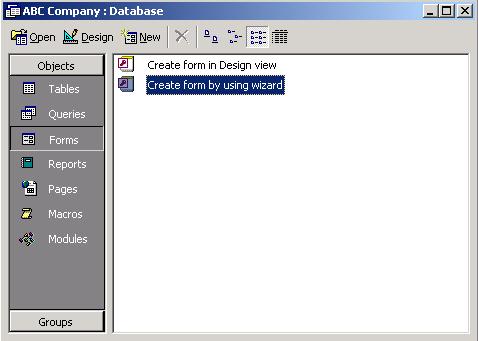Create a Form In the Database window, click on the Forms tab