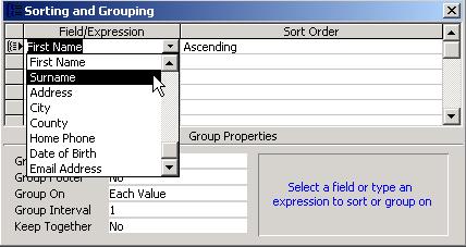 Click within the Field / Expression column and select the field to apply grouping to. By default the field will be sorted into ascending order.