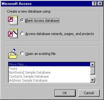 When Access starts, the user is requested to: Create a Blank Database Access Database Wizards Open an existing Database Click on the radio button beside Open an existing file and select the database