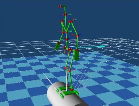 (a) (b) Figure 2.6. Simulation of a biped robot with (a) flat feet or (b) geta feet on a rolling cylinder. The blue arrow represents the external disturbance applied to the robot.