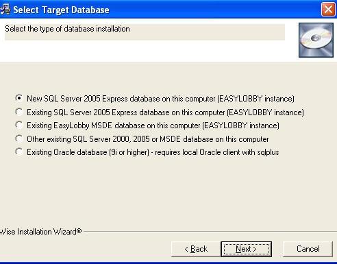 5) The Select Target Database screen displays.