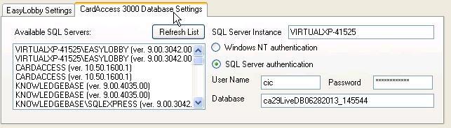 EasyLobby Integration Config. (Con t) CardAccess 3000 Database Settings Figure 33. 13) Configure the CardAccess 3000 Database Settings screen as per figure 33.