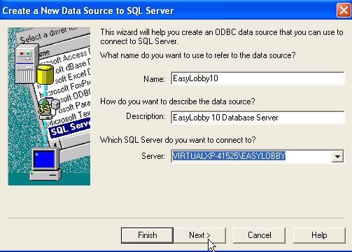 Sale Setting up an ODBC Data Source (Con t) 5) On the Create a New Data Source to SQL Server screen, enter a name such as EasyLobby10 and an optional description for your new data source.