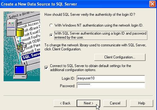 6) Select the With SQL Server authentication radio button. Make sure the Connect to SQL Server box is checked, and enter the credentials easyuser10 and door10man+, then click the Next button.