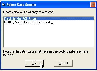 Launching the EasyLobby Application (Con t) 7) The Select Data Source screen will display. Click the Data Source that was created for the Easy Lobby database and then click OK (Refer to figure 49).