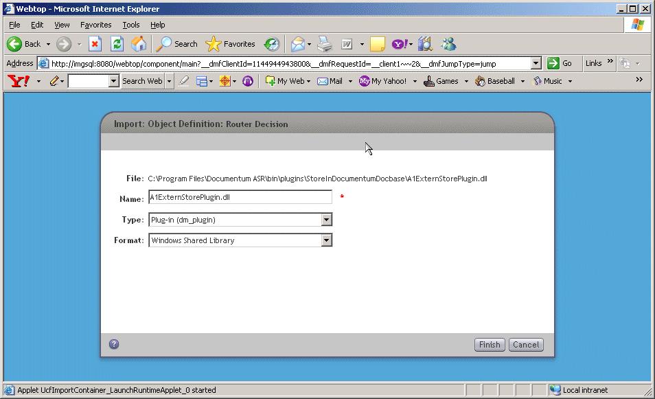 Archive Services for Reports Studio 2 Figure 2-53 Import dialog box - allows the plug-in to be Identified and assigned a logical name Once the plug-in has been loaded, log into the Documentum