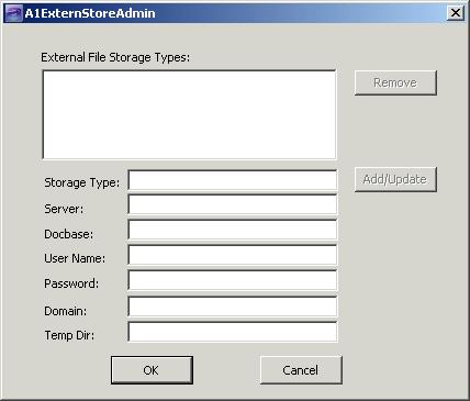 2 Archive Services for Reports Studio Figure 2-56 A1ExternStoreAdmin dialog box Storage Type This is the name of the External File Store that was created above. This field is case sensitive.