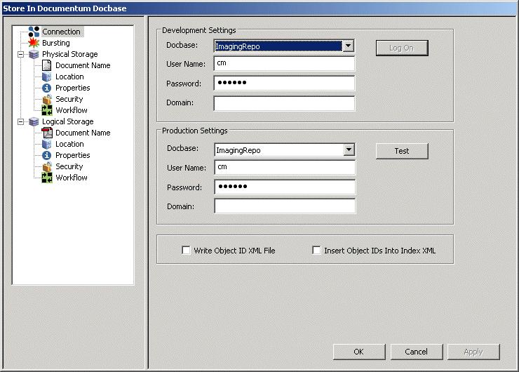 2 Archive Services for Reports Studio Figure 2-58 Connection Store In Documentum Docbase task - Connections tab Because this task manages storing data processed by ASR into the Documentum Docbase