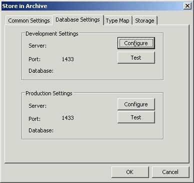 2 Archive Services for Reports Studio Figure 2-81 The Store in Archive Configuration Console Database Settings tab Configuration Settings Selecting Configure in either the Development or Production