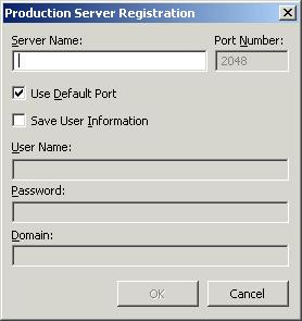 Archive Services for Reports Server 3 Figure 3-1 Server Name User Information Production Server Registration dialog window The server name is the resolvable address of an ASR Server.