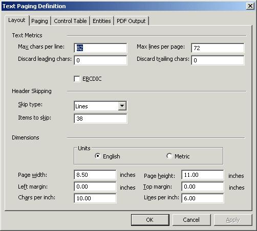 2 Archive Services for Reports Studio Figure 2-8 Paging Types Text Paging Definition dialog box - Layout tab Paging determines how the transformation process accurately divides the input file into