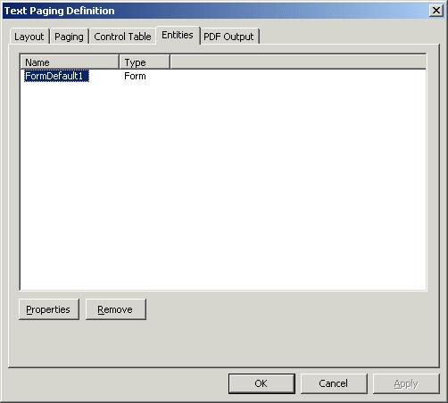 Archive Services for Reports Studio 2 Figure 2-11 PDF Output Text Paging Definition dialog box - Entities tab The PDF Output tab is used to manage the output of the text file as a PDF.