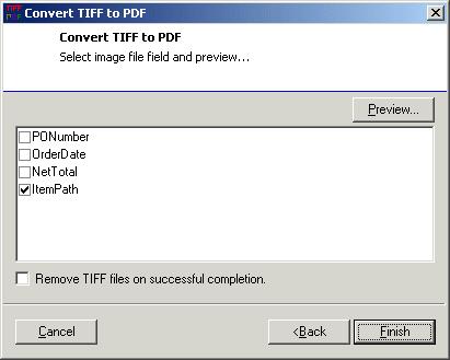 Archive Services for Reports Studio 2 Figure 2-31 Covert TIFF to PDF wizard - image file field selection page To configure the Convert TIFF to PDF task, follow these steps: 1.
