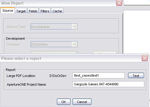 2 Archive Services for Reports Studio Figure 2-39 Please select a report dialog box (Documentum) Once the Source settings have been established, the remaining settings tabs can be accessed.