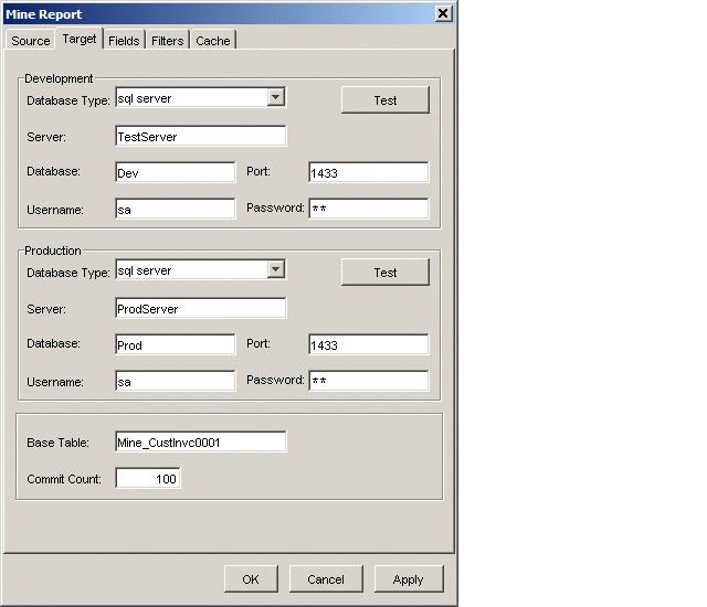 Archive Services for Reports Studio 2 Figure 2-40 Mine Report Plug-in configuration dialog box - Target tab Development Settings These are the settings that allow the plug-in to connect to the