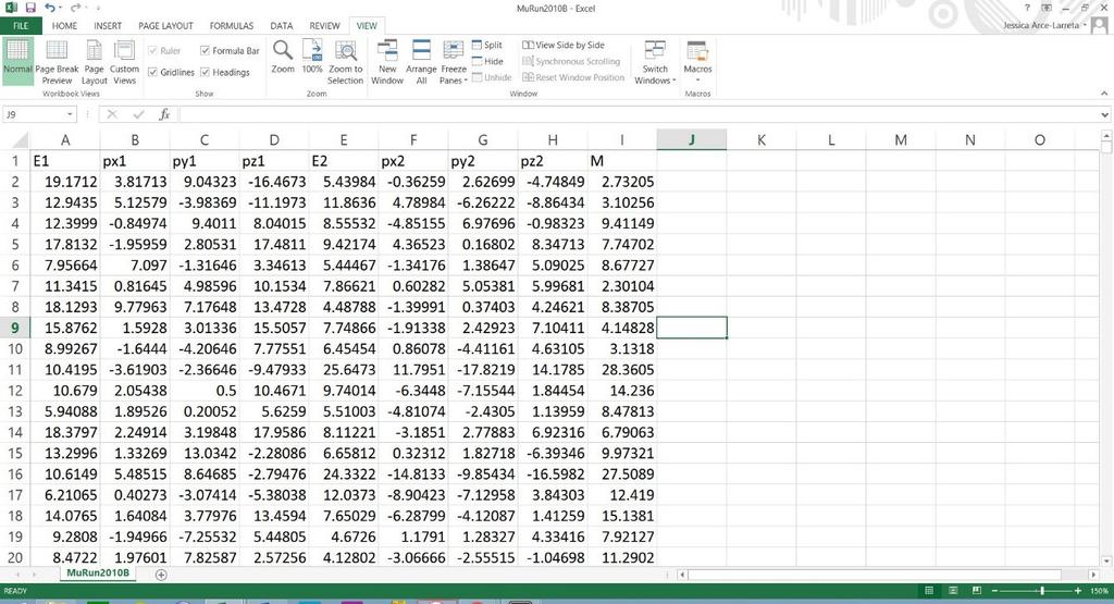 2. Open the csv file with Excel. Recall from the EXCEL activity, that the only data we need to calculate invariant mass is E1, E2, px1, py1, pz1, and px2, py2, and pz2.