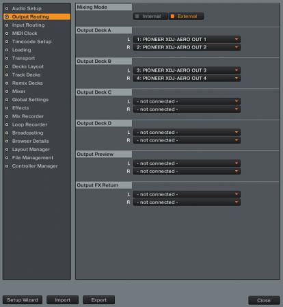 Make the output routing setting. Click [Output Routing]. To use the XDJ-AERO s mixer section to mix the sound: Select [External] for [Mixing Mode].