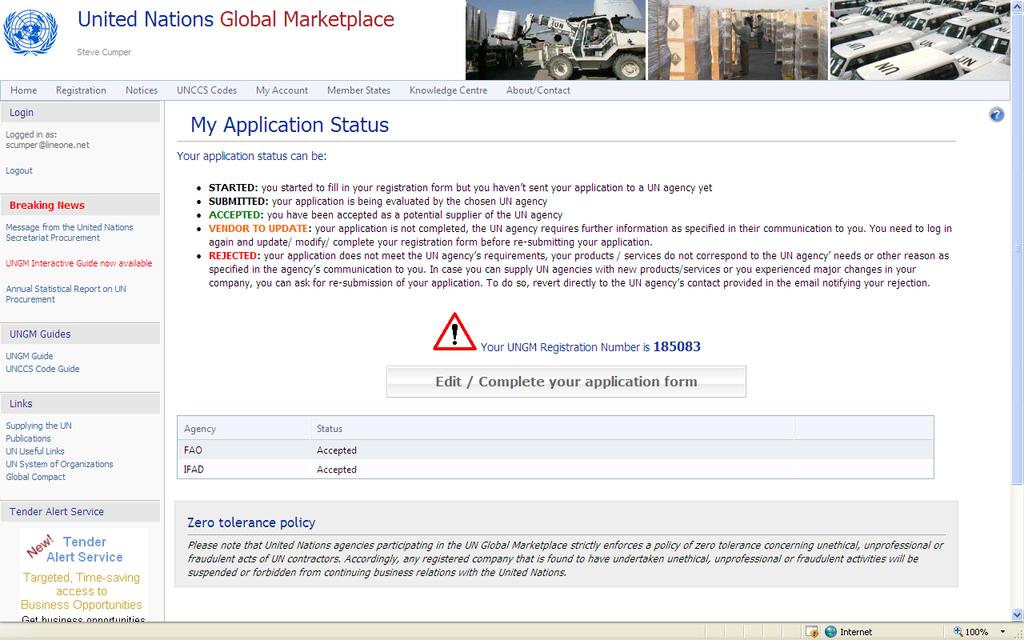 Screen Shot 4 5 The four options are: Procurement Notices lists all the current available notices from United Nations Agency