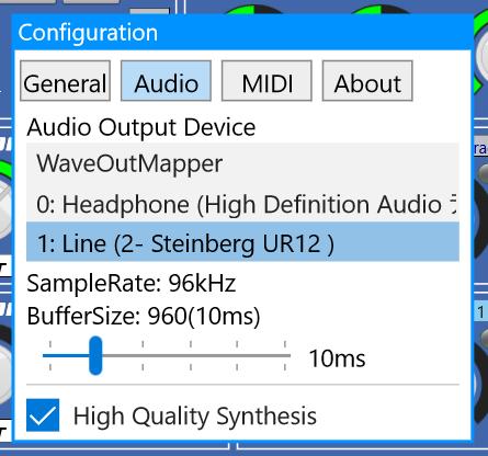 4.2 Audio Tab Audio Output Device Select an audio device used for rendering generated sounds. SampleRate It shows the sampling rate used in synthesis processing.