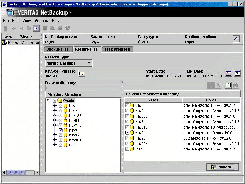 Figure 41: NetBackup Backup, Archive, and Restore user interface window for restoring files INSTALLATION It is possible to install and configure VERITAS NetBackup software on standalone systems or on