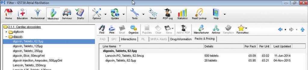MEDICINES Having clicked the Medicine banner in the main DXS toolbar, the Medicines section
