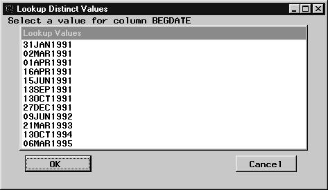 13OCT1991 from the list of values; the Prompt