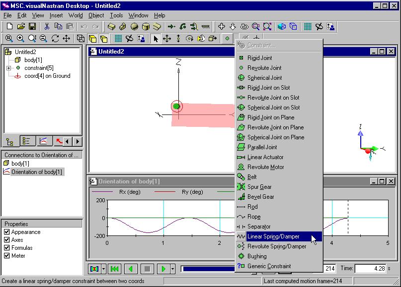 1.4 Graphing the Pendulum s Motion 1. To graph the pendulum s motion, click on the block. Choose the Insert menu, select Meter, and then Orientation. 2. Click to run and then click to reset. 3.