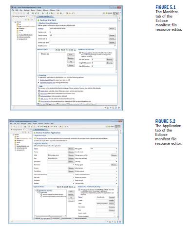 The Manifest tab (see Figure 5.1) contains package-wide settings, including the package name, version information, and minimum Android SDK version information.